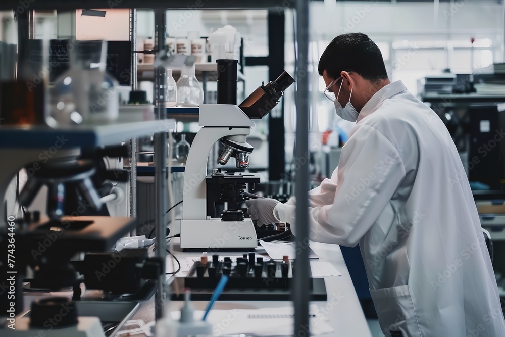 A man in a lab coat is working with a microscope A man in a lab coat is working with a microscope