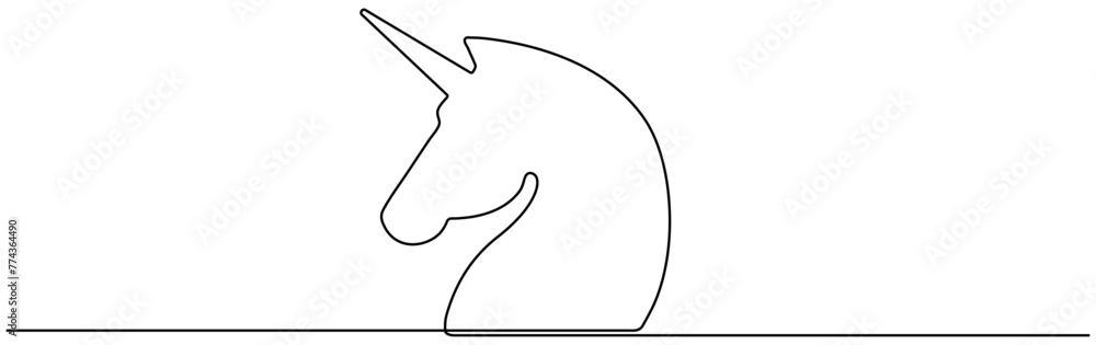 Unicorn head continuous one line drawing. Magic animal linear symbol. Fairytale character. Vector illustration isolated on white. Unicorn head continuous one line drawing. Magic animal linear symbol. Fairytale character. Vector illustration isolated on white.