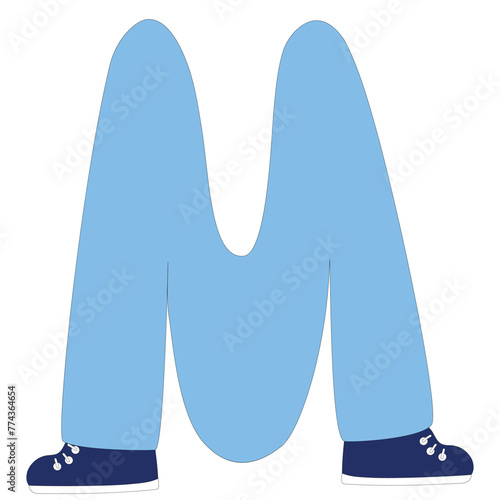 M man in the shape of the letter M, alphabet, font, man in blue clothes