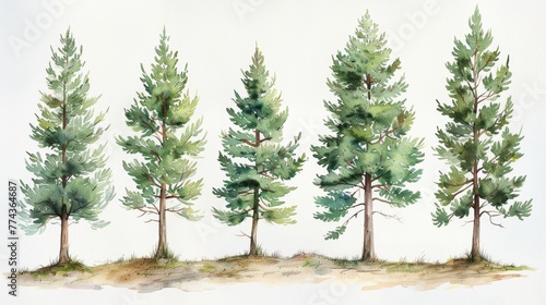 Pine Tree Watercolor Collection on White Background Generative AI