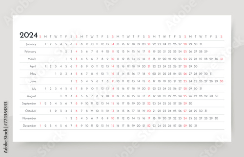 Linear 2024 calendar grid. Horizontal planner template. Yearly long calender. Week starts Sunday.