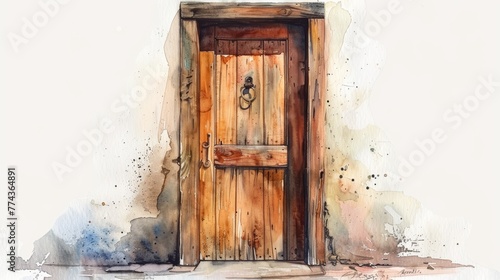 Watercolor Illustration of a Rustic Wooden Door Generative AI
