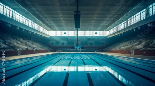 Serene and Empty Olympic Swimming Stadium Awaiting Competition. Generative ai