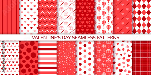 Seamless backgrounds. Valentine's day pattern. Cute girly prints with hearts, Set love red textures.