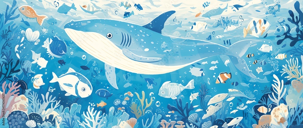 Obraz premium A cartoonish drawing of a blue whale swimming in a sea of fish