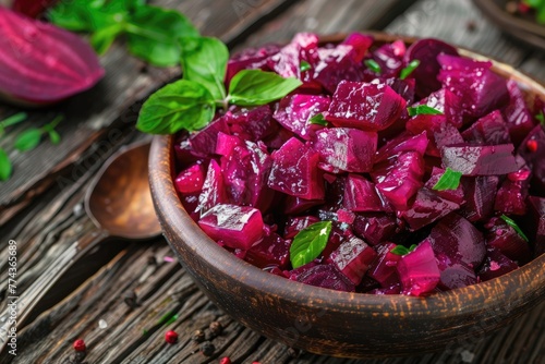 Closeup Fresh and Juicy Pickled Purple Beet Salad on Wooden Background. Healthy Traditional Turkish Appetizer; Pancar Salatasi Mezesi photo