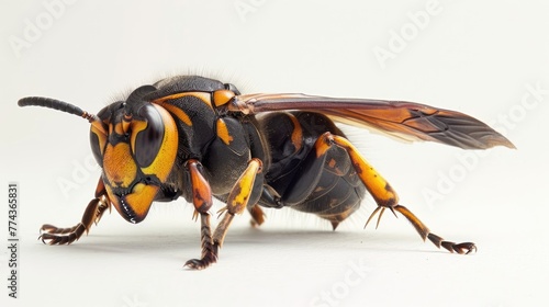 Closeup of the Asian Hornet - A Powerful and Strong Wasp with Distinct Black and Yellow Coloring on White Background photo