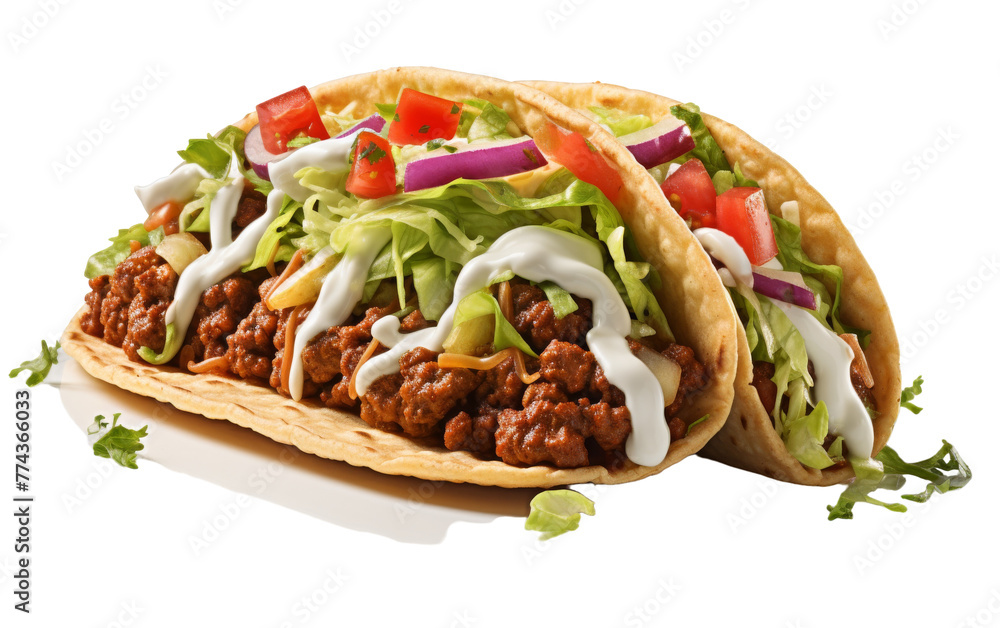 Two tacos filled with savory meat, fresh lettuce, and juicy tomatoes Two tacos filled with savory meat, fresh lettuce, and juicy tomatoes