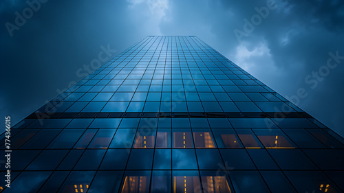 Reflective Glass Skyscraper Towering Against Moody Sky