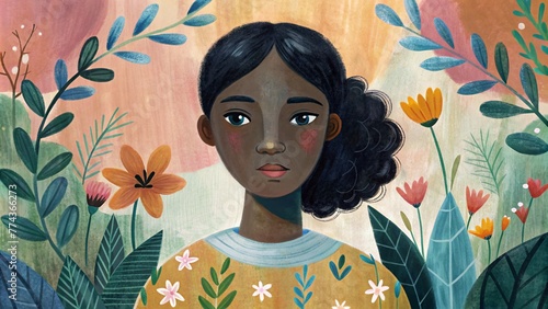 Abstract cute young African black girl with flowers hand drawn illustration