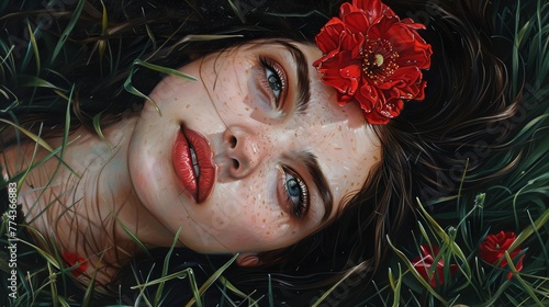 Woman Lying on Grass with Red Flower in Her Hair in Painterly Style Generative AI photo