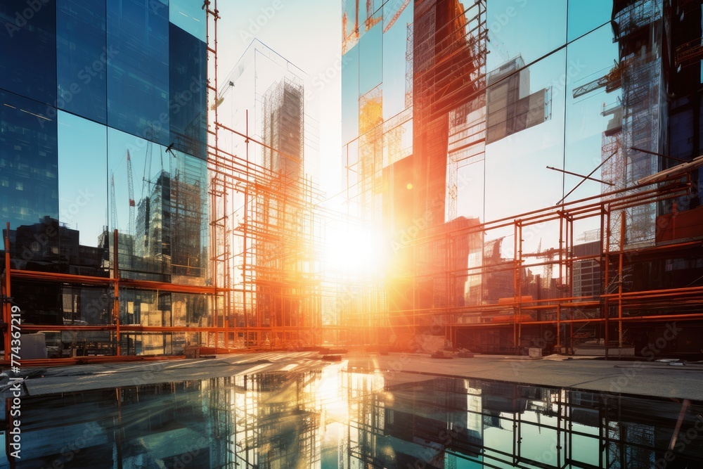 A cluster of skyscrapers reaches for the sky, their glass facades reflecting the sun, Construction site of a glass skyscraper reflecting sunlight, AI generated