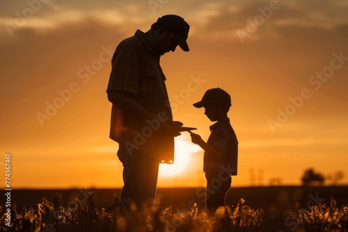 Silhouetted Farmer with Child at Sunset, Sharing Knowledge