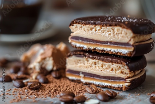 Close up of alfajor with coffee in background Brown color scheme