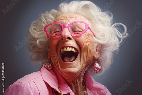 crazy old, elderly woman in a Pink dress laughs. portrait of a crazy grandmother, senior. happy retirement age. © Svetlana