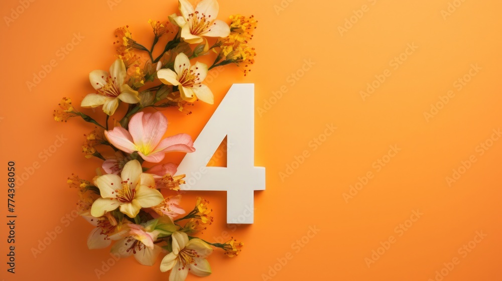 number 4 and flowers on a orange background. birthday invitation card ...