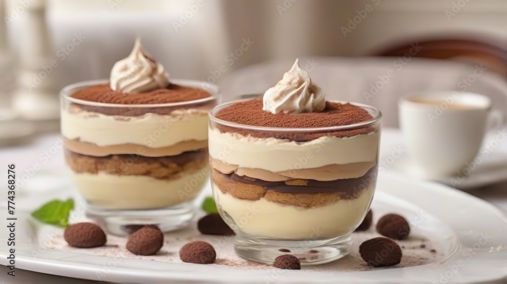 Piece of tiramisu cake on a plate in a restaurant, chocolate dessert Piece of tiramisu cake on a plate in a restaurant, chocolate dessert