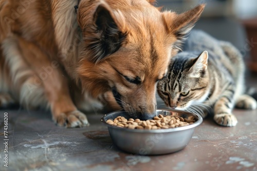 Cat and dog eating from same bowl showing friendship