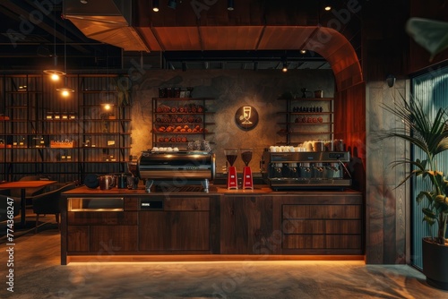 Modern Coffee Shop Interior with Espresso Machines