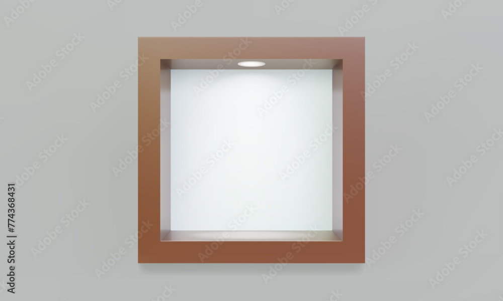 Empty brown cube shelf or niche on wall with led spotlight 3D mockup Empty brown cube shelf or niche on wall with led spotlight 3D mockup