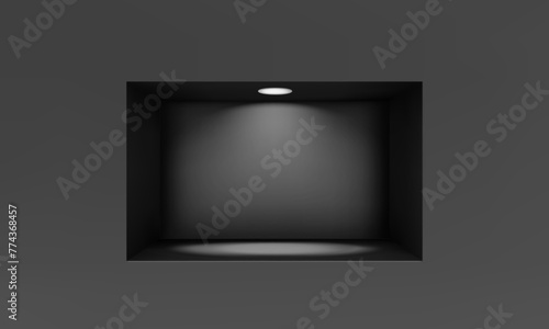 Empty niche or shelf on black wall with led spotlight 3D mockup