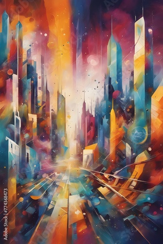 Abstract urban landscape with vibrant circles and geometric shapes.