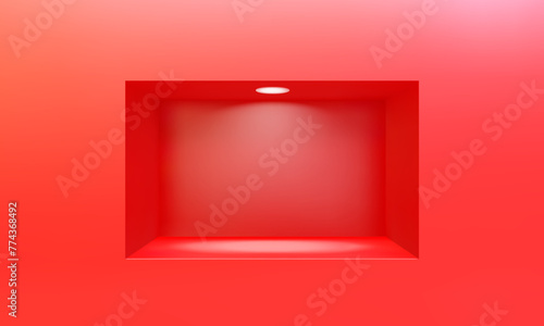 Empty niche or shelf on red wall with led spotlight 3D mockup