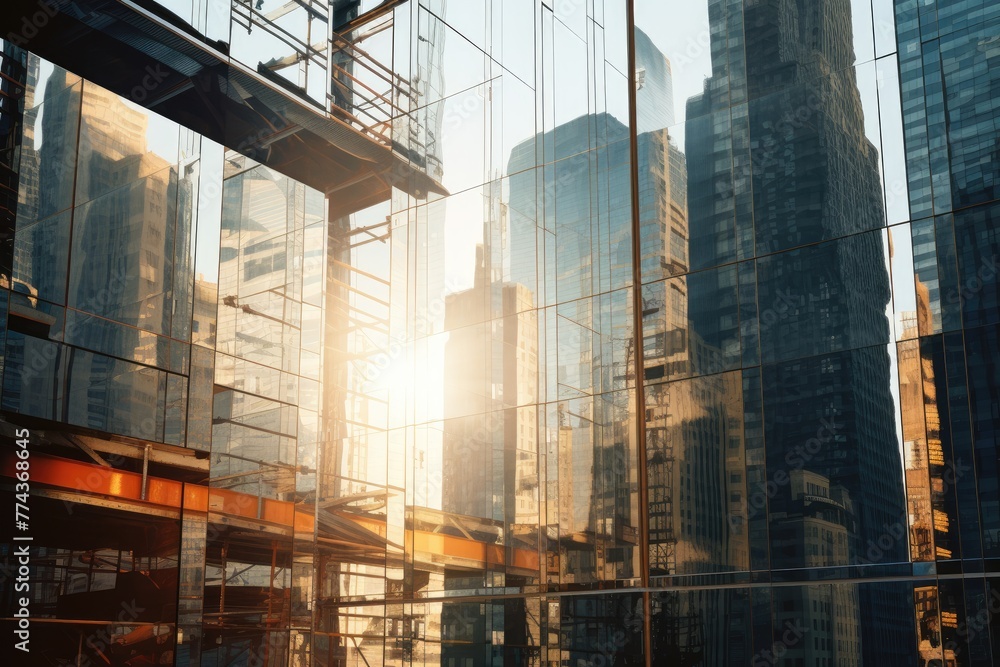 Fototapeta premium A cluster of skyscrapers reaches for the sky, their glass facades reflecting the sun, Construction site of a glass skyscraper reflecting sunlight, AI generated