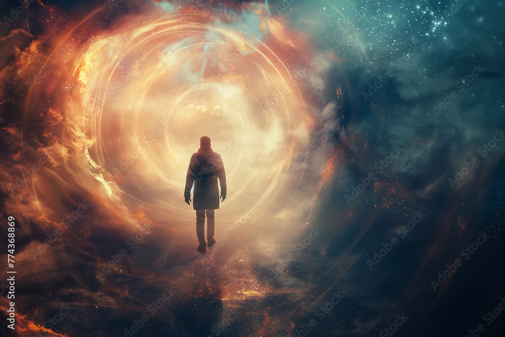 A solitary explorer, silhouetted against a stunning vortex of light and cosmic energy, steps towards a radiant portal, beckoning to the mysteries of the universe A solitary explorer, silhouetted against a stunning vortex of light and cosmic energy, steps towards a radiant portal, beckoning to the mysteries of the universe