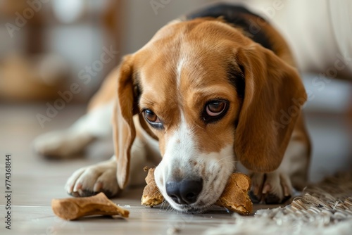Beagle dog eating rawhide bone indoors