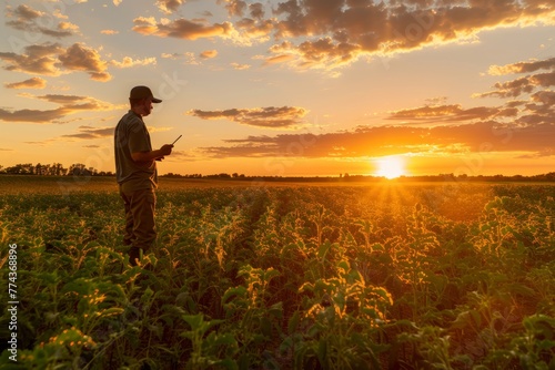 Farmer With Digital Tablet At Sundown On Farm