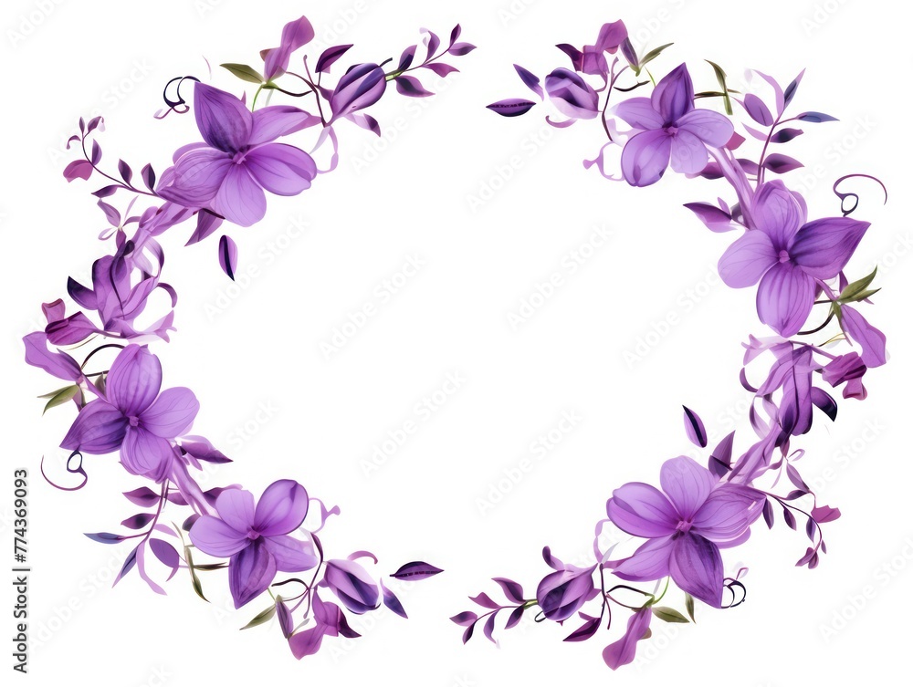 Purple thin barely noticeable flower frame with leaves isolated on white background pattern 
