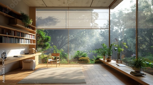 Modern Living Room With Large Window Blinds