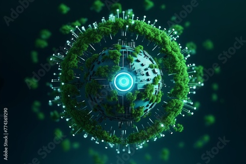The concept of integrating AI technology for sustainability and greener Earth. Ecological  environment  conservation  futuristic  eco-conscious  global  advancement  green initiatives  smart solutions