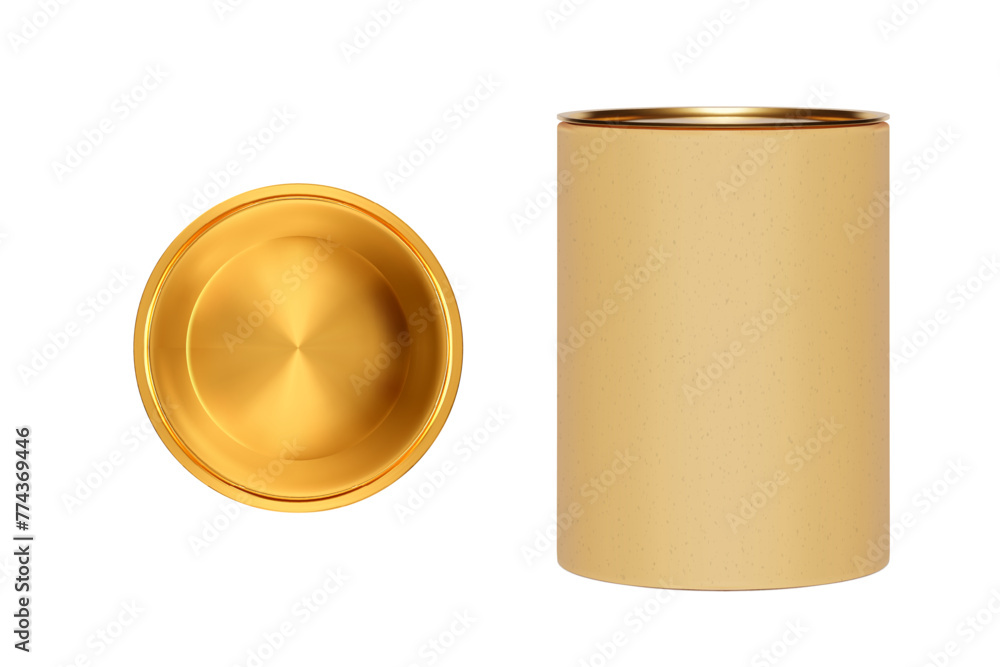 Craft beige cylindrical cardboard box with gold lid isolated from the background - obrazy, fototapety, plakaty 