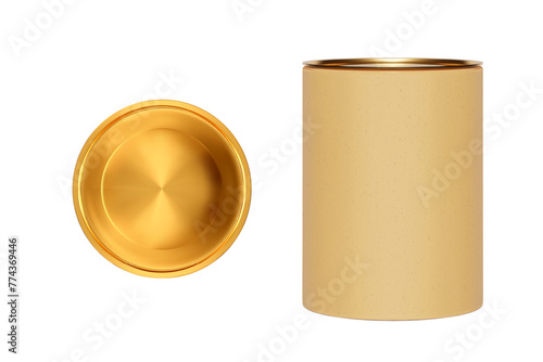 Craft beige cylindrical cardboard box with gold lid isolated from the background photo