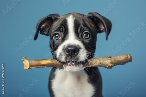 Adorable puppy happily chewing on chew stick looking at camera 9 weeks old Boxer Pitbull mix female Blue background