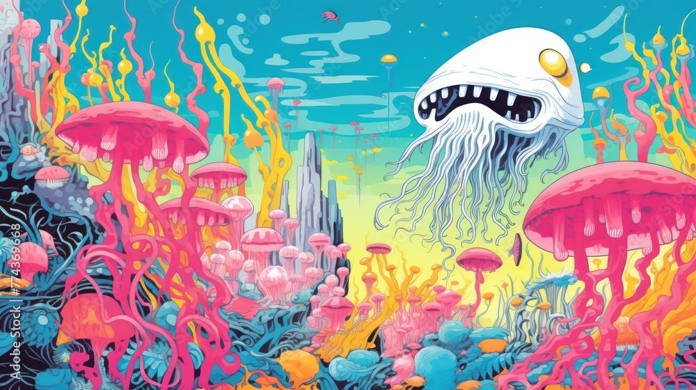 Immerse in a psychedelic, surreal watercolor drawing of an octopus in multicolored ocean hues, surrounded by vibrant fish and underwater beauty. Immerse in a psychedelic, surreal watercolor drawing of an octopus in multicolored ocean hues, surrounded by vibrant fish and underwater beauty.
