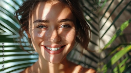 Smiling Woman With Palm Tree Background