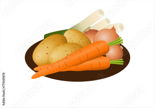 Icono  de hortalizas, patatas, zanahorias, puerros y cebollas. Receta vegana o vegetariana. Dieta mediterránea