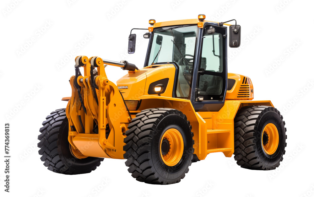 A vibrant yellow tractor stands proudly against a stark white backdrop A vibrant yellow tractor stands proudly against a stark white backdrop