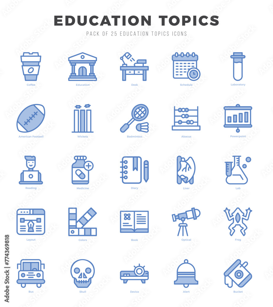 Set of 25 Education Topics Two Color Icons Pack.