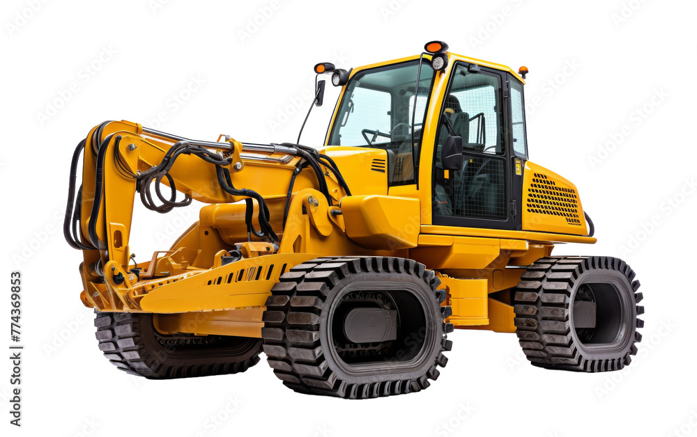 Fototapeta premium A massive yellow construction vehicle stands proudly on a clean white background