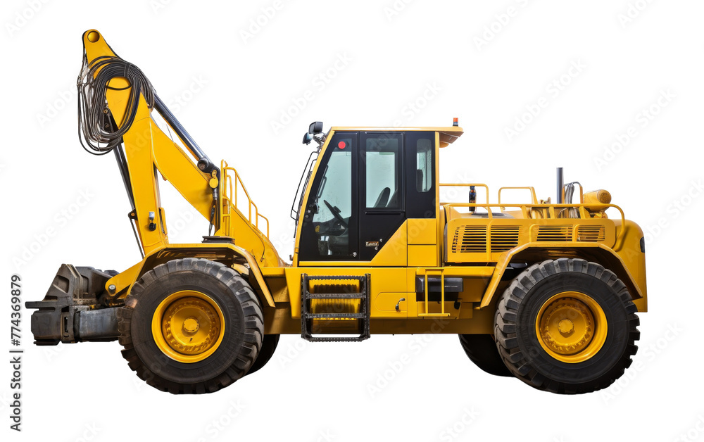 Naklejka premium A vibrant yellow construction vehicle stands out on a clean white background