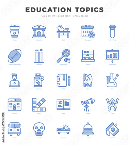 Set of 25 Education Topics Two Color Icons Pack.