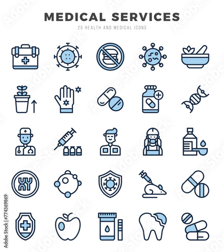 MEDICAL SERVICES Two Color icons collection. 25 icon set. Vector illustration.