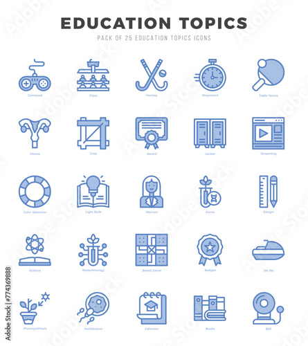 Education Topics Icons Pack. Two Color icons set. Two Color icon collection set.