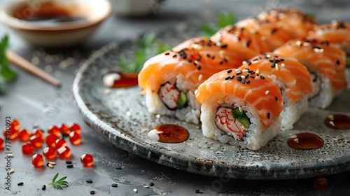 Japanese sushi and rolls on a light stone background. Banner, menu, food advertising.