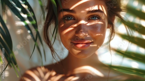 Smiling Woman With Palm Tree Background