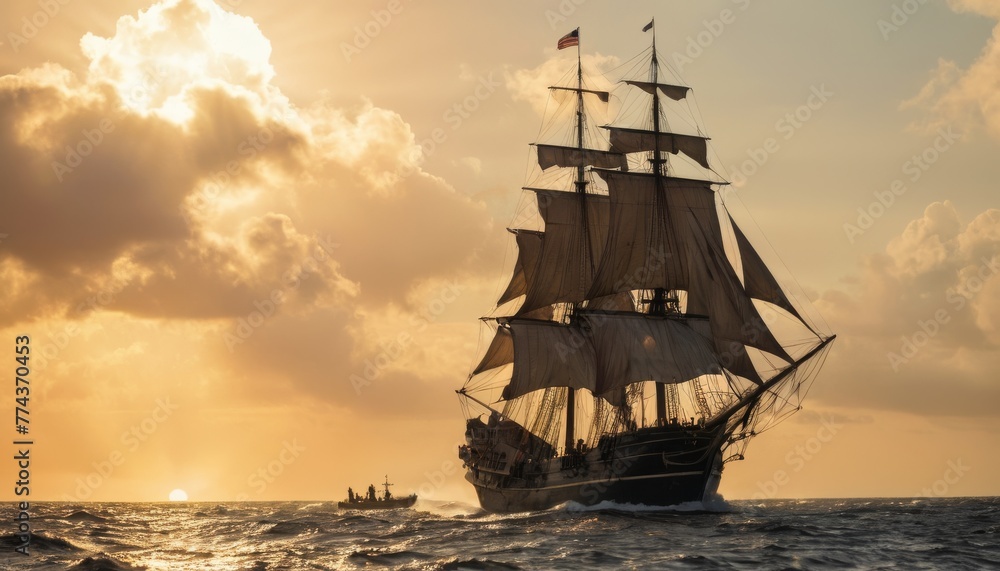 A majestic tall ship sails on the open sea against a backdrop of a dramatic sunset, with billowing sails and a fluttering flag